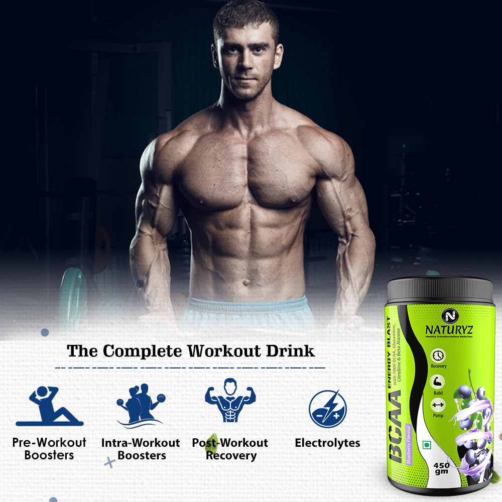 Naturyz Instantized BCAA Supplement with 7000 BCAA, Glutamine, Citrulline, Beta Alanine etc for Energy & Endurance - Pre, Post & Intra Workout Muscle Recovery (Blueberry Mojito) - 450Gms, Powder