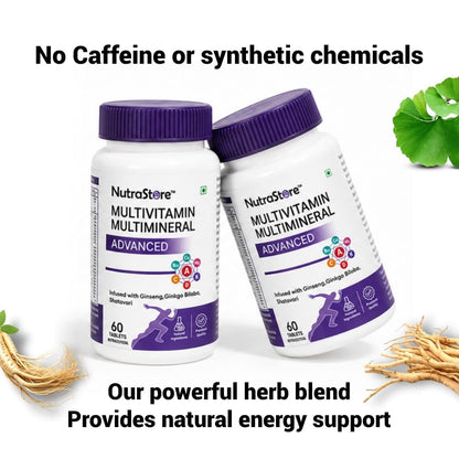 NutraStore Multivitamin Multimineral Advanced Tablets for Men & Women | With Ginseng, Ginkgo Biloba & Shatavari | Vitamins A, C, D3, K2, B12 for Energy, Immunity, Muscle Recovery & Wellness | 60 Veg Tablets