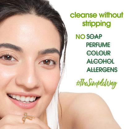 Woman with a clean face and text about skincare products on a white background