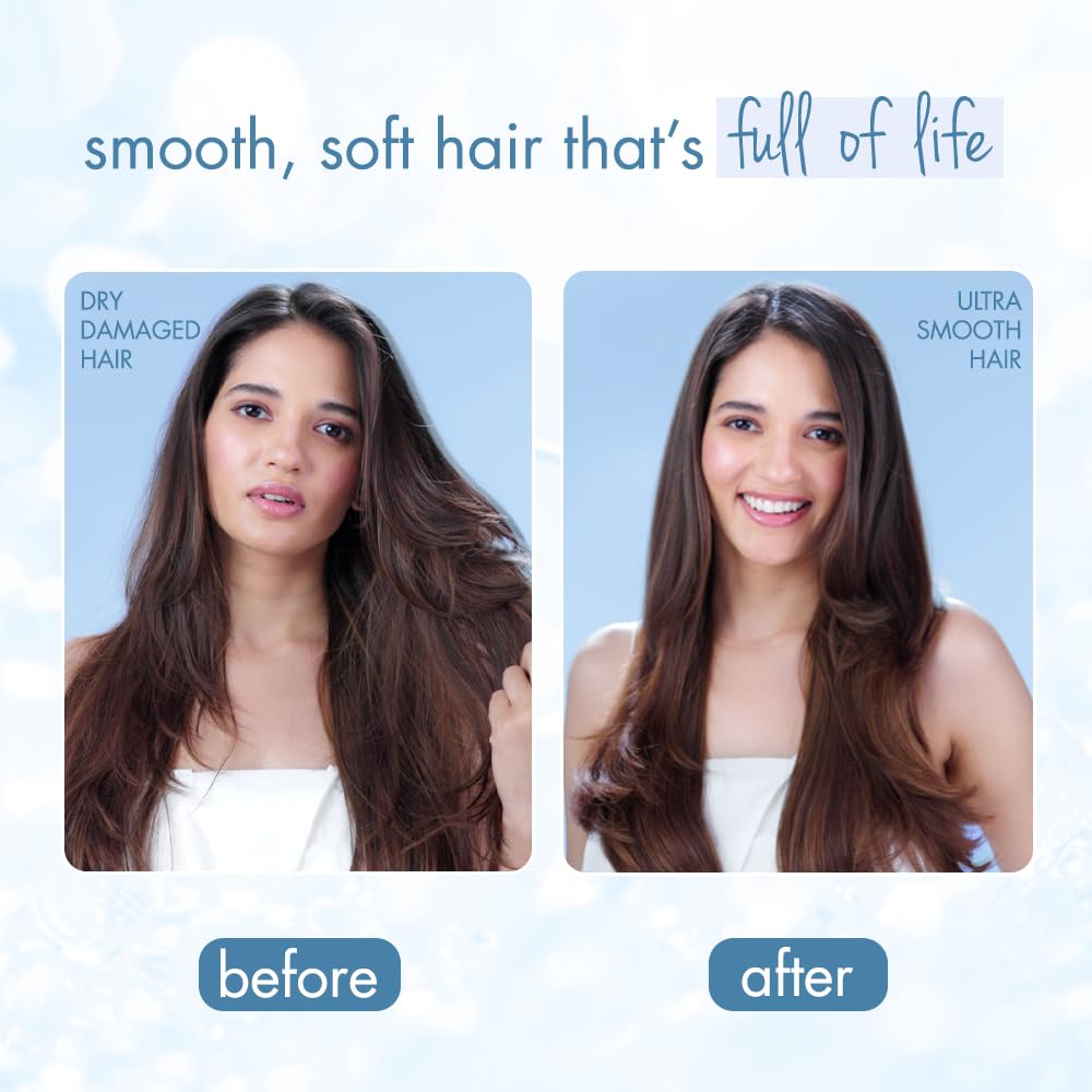 Before and after comparison of hair treatment showing a woman with dry, damaged hair on the left and ultra-smooth hair on the right.