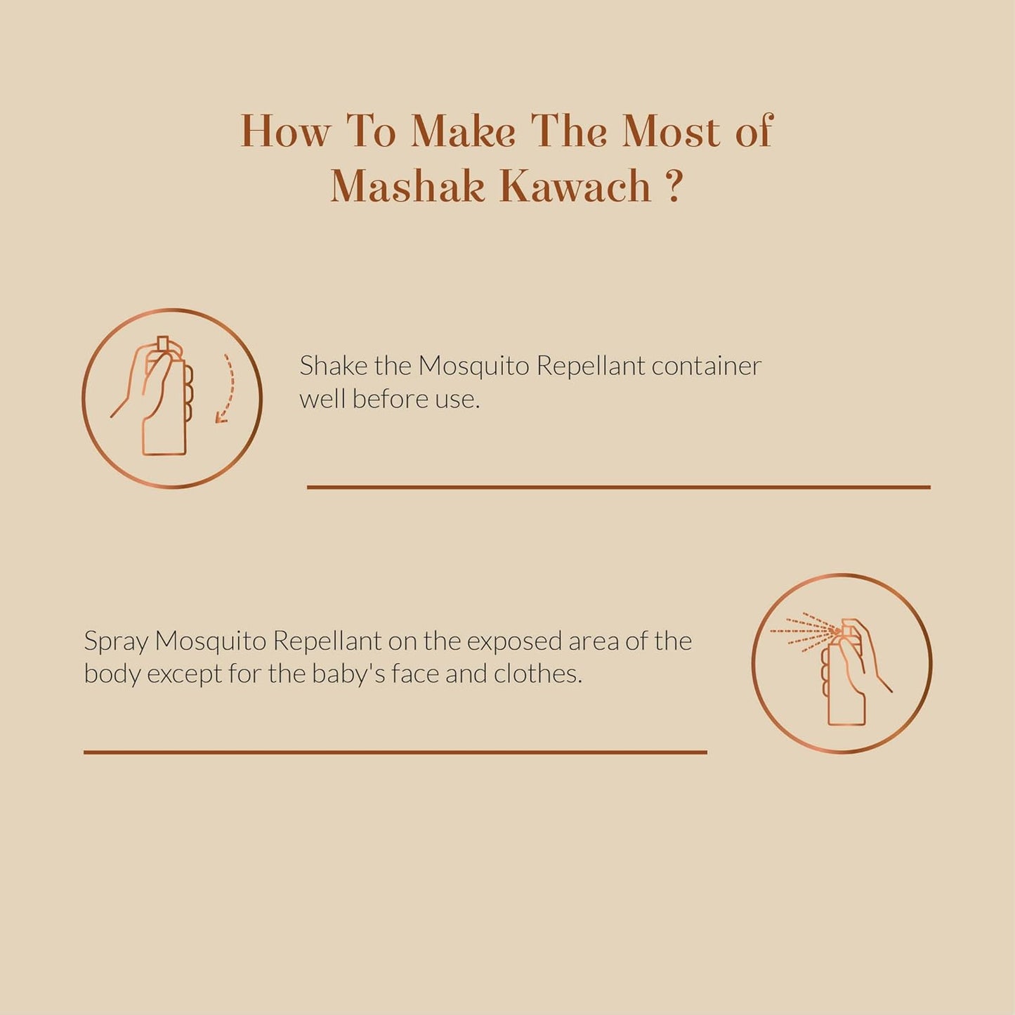 Instructions on how to use Mashak Kawach mosquito repellent on a beige background