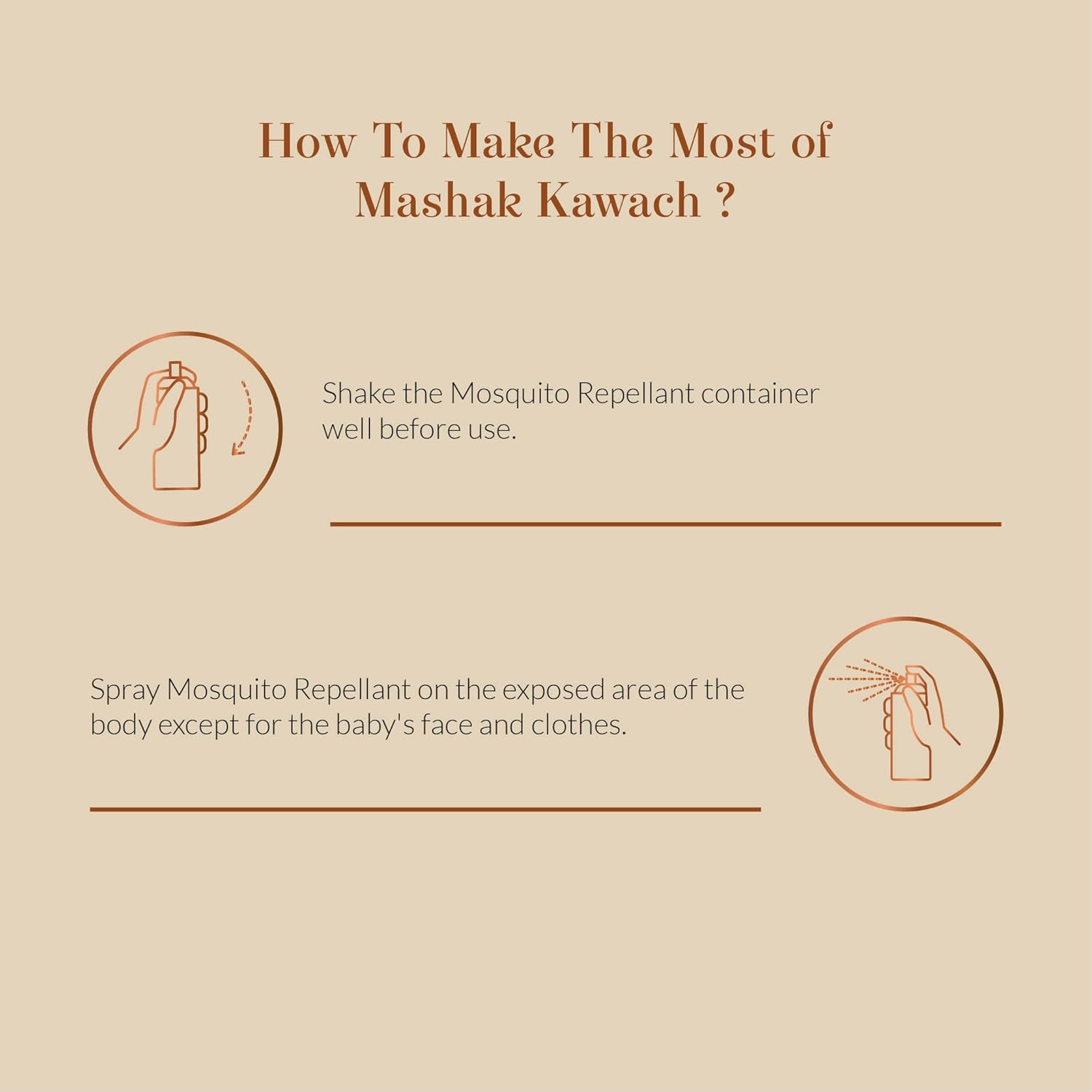 Instructions on how to use Mashak Kawach mosquito repellent on a beige background