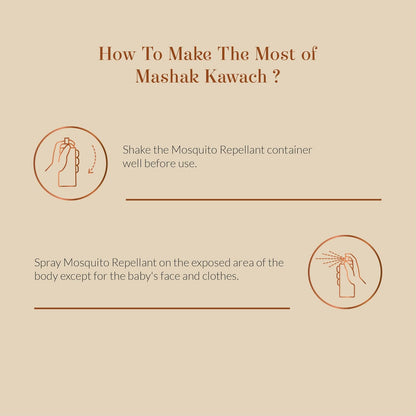 Instructions on how to use Mashak Kawach mosquito repellent on a beige background