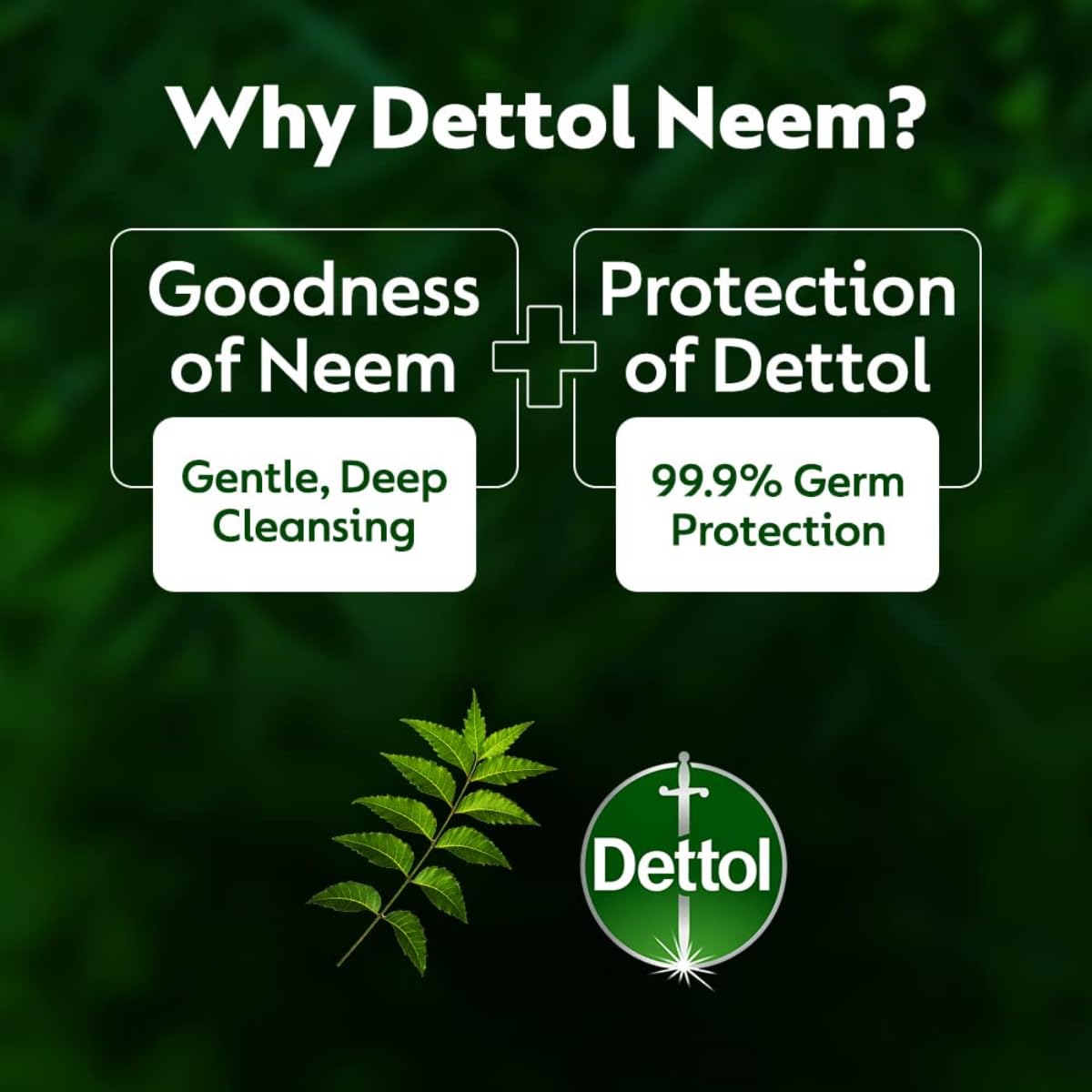 Dettol Neem product advertisement with text and Dettol logo on a green background