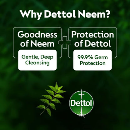 Dettol Neem product advertisement with text and Dettol logo on a green background