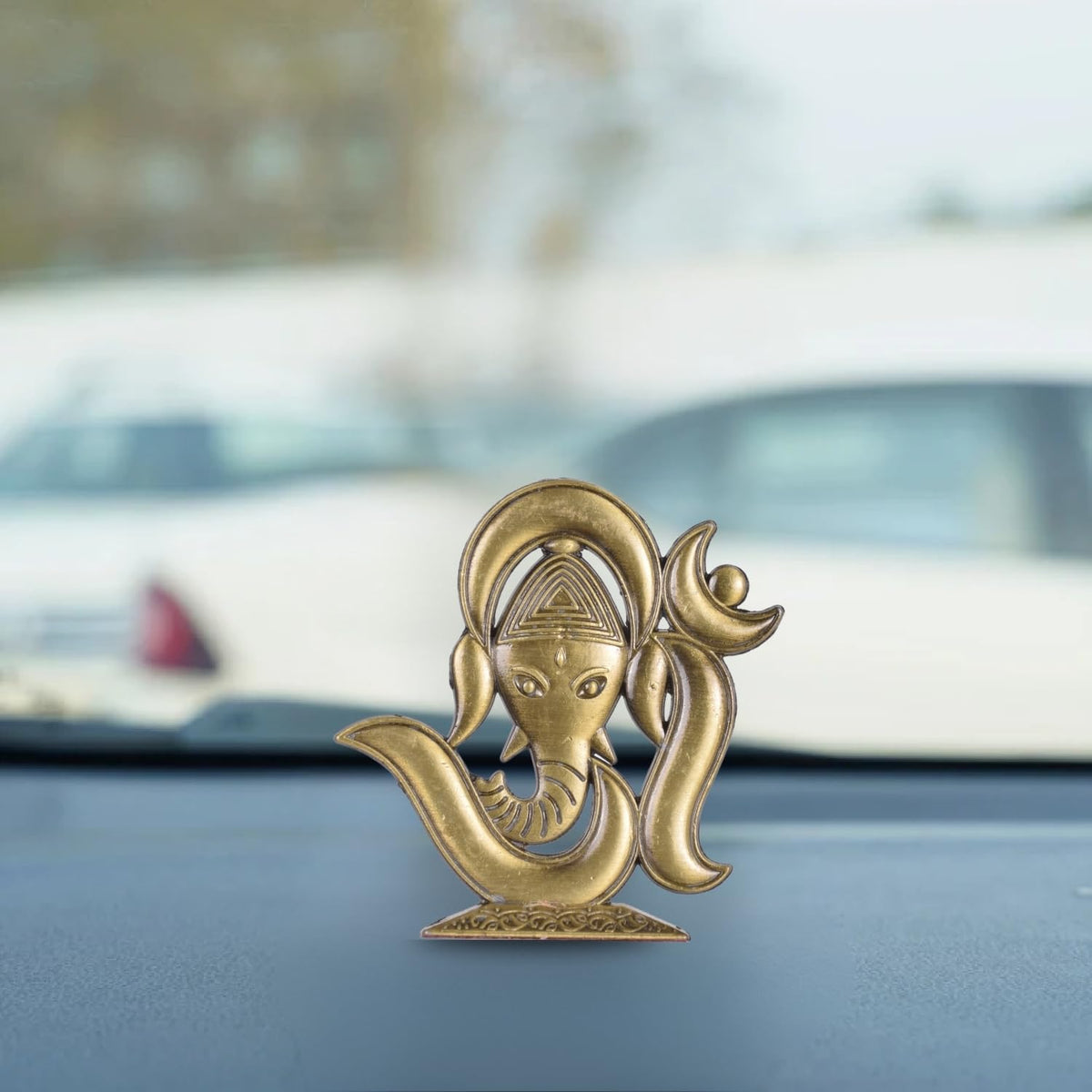 Om and Ganesh Mukharvind Idol for Car Dashboard – Brass Finish Divine Symbol Murti for Temple, Car & Office Décor (S924-BRS)