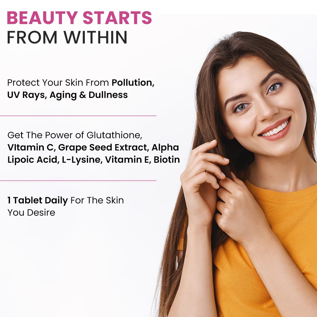 Woman with long brown hair touching her hair, with text about skincare benefits and ingredients on a white background.