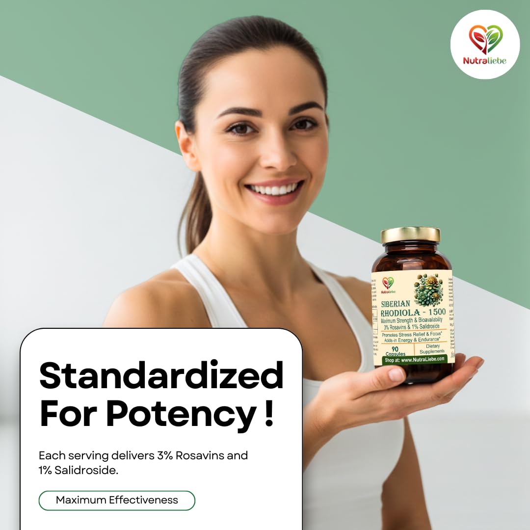 Nutraliebe Rhodiola Rosea 1000 mg – 3% Rosavins & 1% Salidroside – Adaptogenic Stress & Focus Support – Siberian Root Extract – 90 Capsules