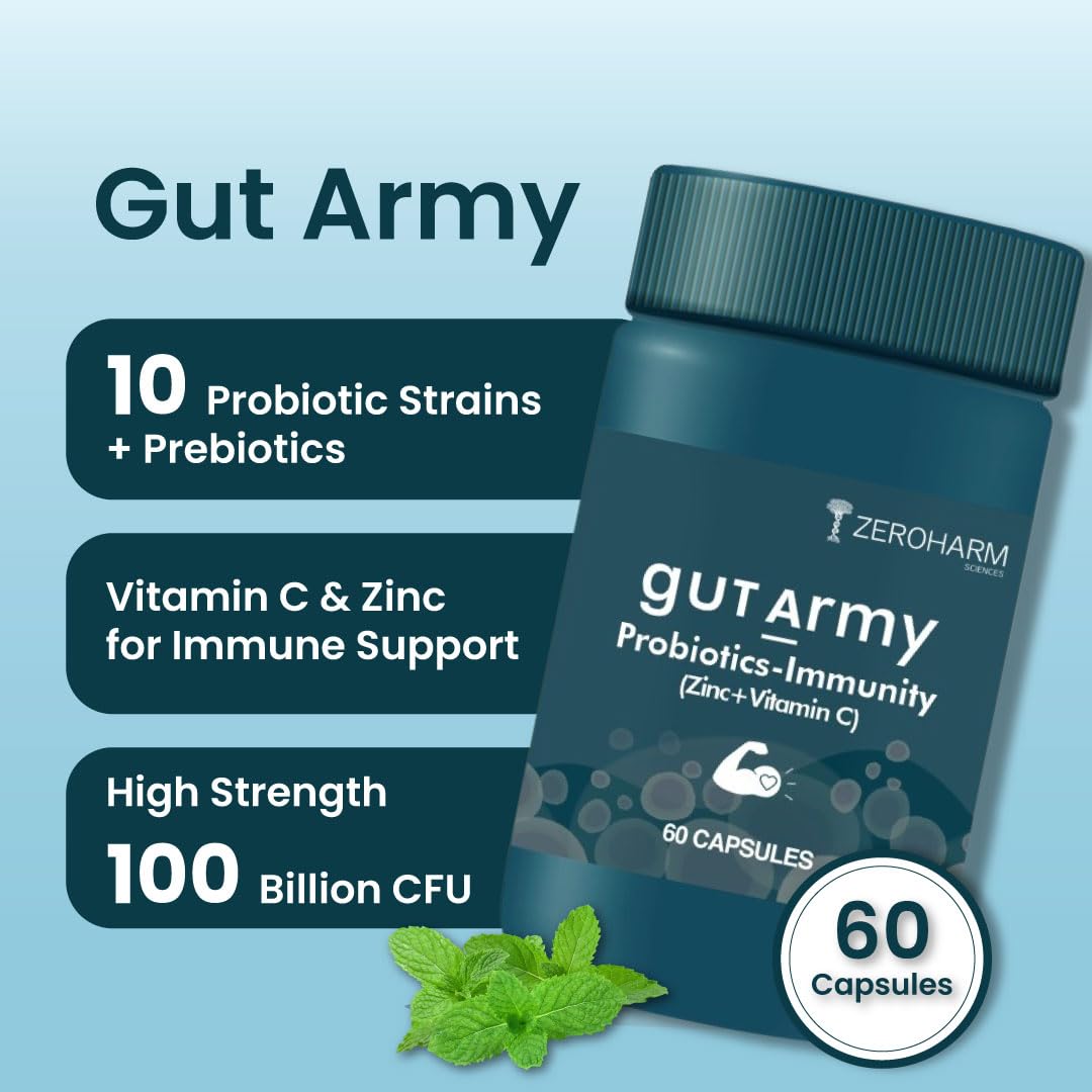 ZEROHARM Gut Army Probiotics & Prebiotics | Psyllium Husk, Lactobacillus Acidophilus, Vitamin C & Zinc | Immunity and Gut Health Supplement | Promotes Natural Gut Health & Digestion | 60 Veg Capsules