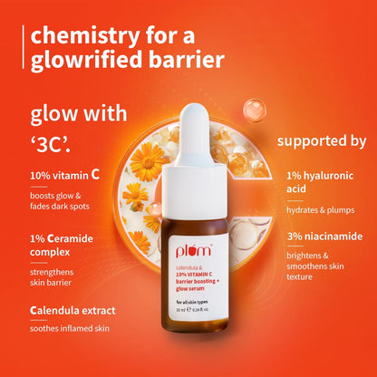 Plum 10% Vitamin C & Calendula Barrier Boosting + Glow Serum 10ml | 3% Niacinamide, 1% Hyaluronic Acid & Ceramide Complex | Reduces Pigmentation & Dark Spots | Boosts Glow | For Men & Women | All Skin Types