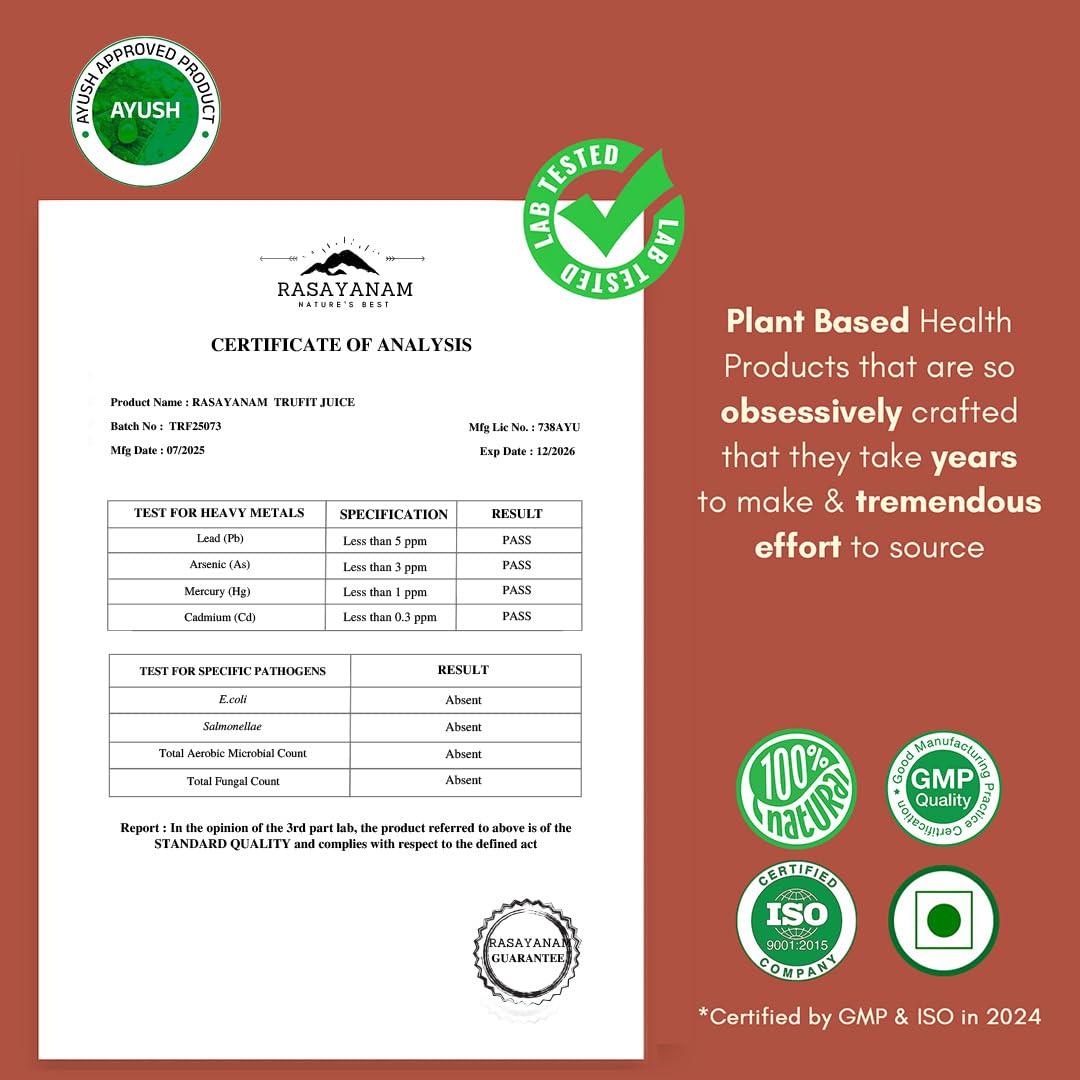 Certificate of Analysis for Rasayanam fruit juice with certification logos on a brown background
