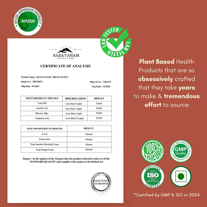 Certificate of Analysis for Rasayanam fruit juice with certification logos on a brown background