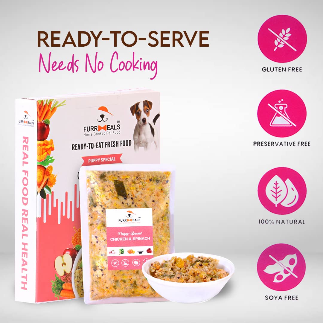 FurrMeals Wet Puppy Food | Chicken and Spinach | Pack of 1 x 300g | All Breed | Gluten Free | Preservative Free | Ready-to-Eat Fresh Dog Food