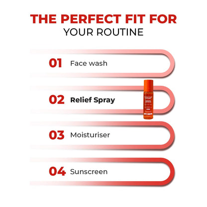 Product lineup for skincare routine with face wash, relief spray, moisturizer, and sunscreen on a white background.