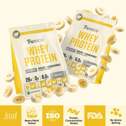 Trunativ Pro Blend Whey Protein Powder Isolate & Concentrate | 100% Light & Clean Protein Powder | 26g Protein | 6g BCAA | 12.52g EAA | No added sugar | Banana 2lbs (907g)