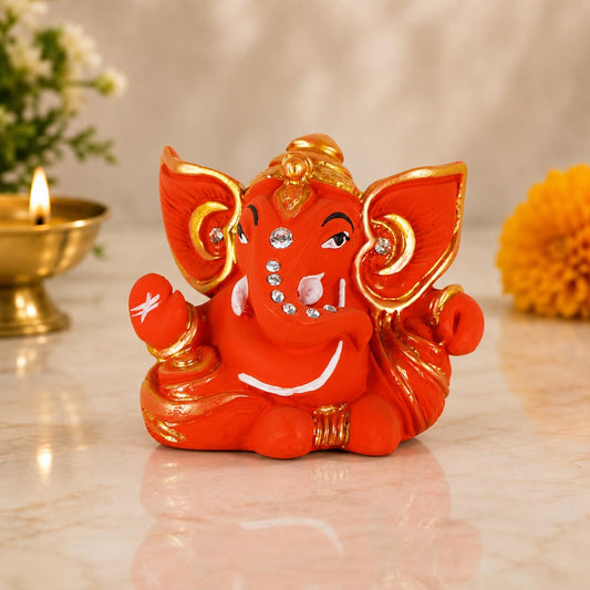 Polyresin Orange Ganesha Statue for Car Dashboard God Ganesh Murti Ganpati Idol Figurine with Double Side Tape