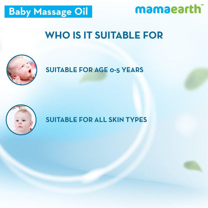 Mamaearth baby massage oil advertisement with suitability for age 0-5 years and all skin types.