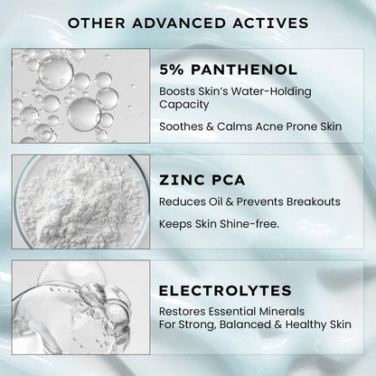 Product label with advanced actives including 5% Panthenol, Zinc PCA, and Electrolytes on a light blue background.