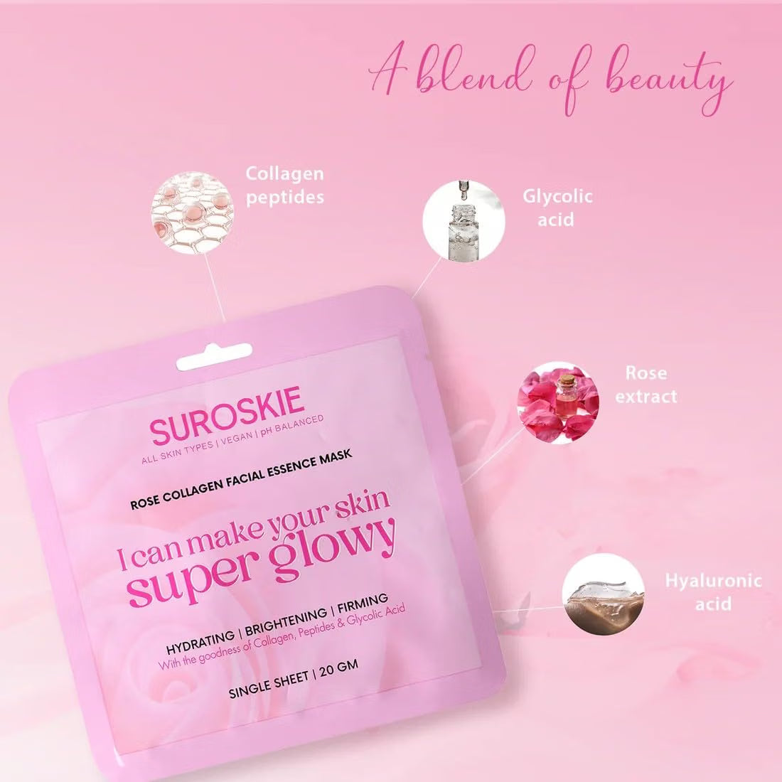 Suroskie Rose Collagen Facial Essence Mask – Korean Brightening Sheet Mask With Real Rose Extract & Anti-Aging Collagen | Intense Hydration, Firming Glow, Radiance Boost For Dull, Dry, Tired Skin