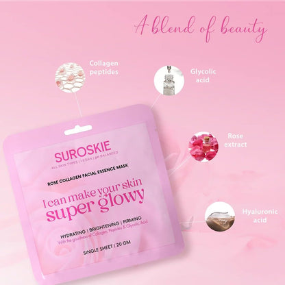 Suroskie Rose Collagen Facial Essence Mask – Korean Brightening Sheet Mask With Real Rose Extract & Anti-Aging Collagen | Intense Hydration, Firming Glow, Radiance Boost For Dull, Dry, Tired Skin