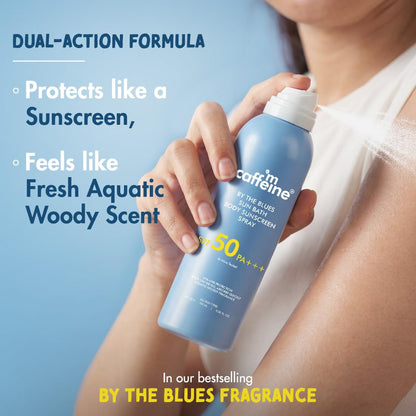 mCaffeine Sun Bath Body Sunscreen Spray SPF 50 PA +++ | In-vivo Tested | UVA & UVB Protection, Invisible, Non-Greasy | Water & Sweat Resistant Spray | By The Blues - Aquatic Woody Fragrance - 100ml