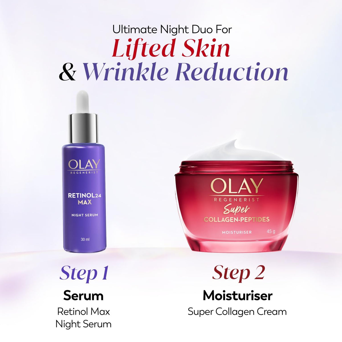 Olay night skincare duo with serum and moisturizer on a light purple background