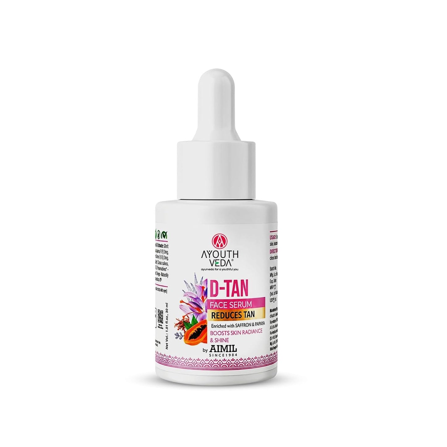 Ayouthveda D-Tan Face Serum Enriched With Saffron & Papaya For Nourished Skin| Address sun damage and achieve a revitalized, Boosts Skin Radiance | For Men & Women| Effectively reduces tan 30ml