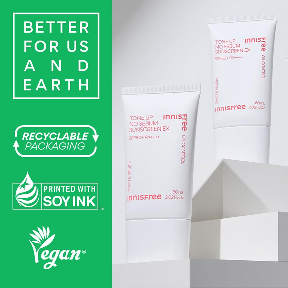 Innisfree skincare products with sustainability features on a green background