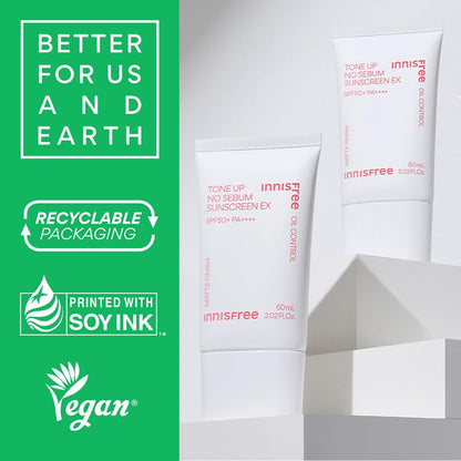Innisfree skincare products with sustainability features on a green background