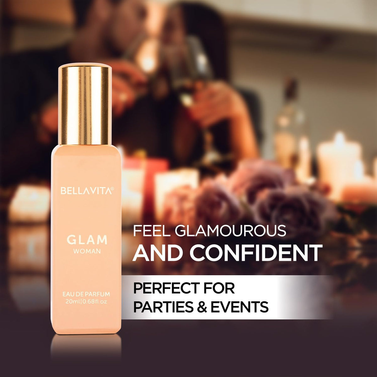 Bellavita Glam perfume bottle with promotional text in a romantic setting