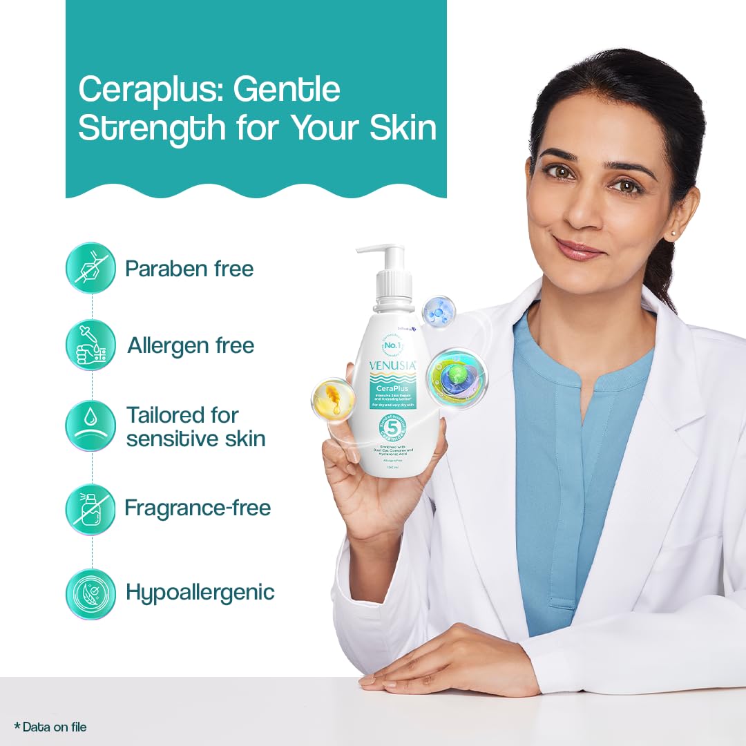 Dr. Reddy's Venusia CeraPlus Moisturizing Lotion For Dry Skin - Formulated With 5 Essential Ceramides, Oat Complex, Hyaluronic Acid | Hypoallergenic and Fragrance-Free | 100ml
