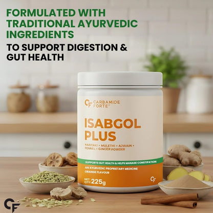 Isabgol Plus container with traditional ayurvedic ingredients on a kitchen counter