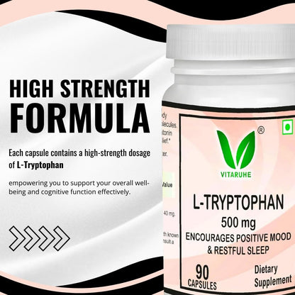 Vitaruhe® L-Tryptophan 500 mg per Capsule, 90 Vegan Capsules for 3 Months, Pure Essential Amino Acid, Natural & Fermented, High Strength Supplement Without Additives