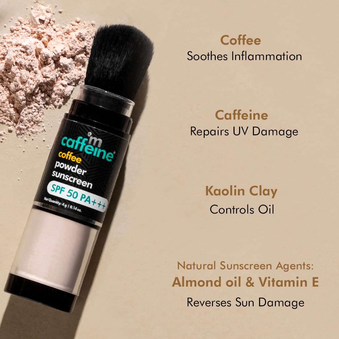 Sunscreen stick with brush on beige background, featuring text about ingredients and benefits.