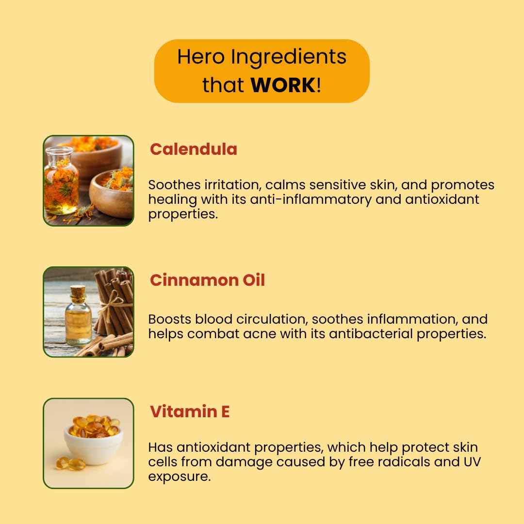 Product packaging with calendula, cinnamon oil, and vitamin E highlighted on a yellow background.