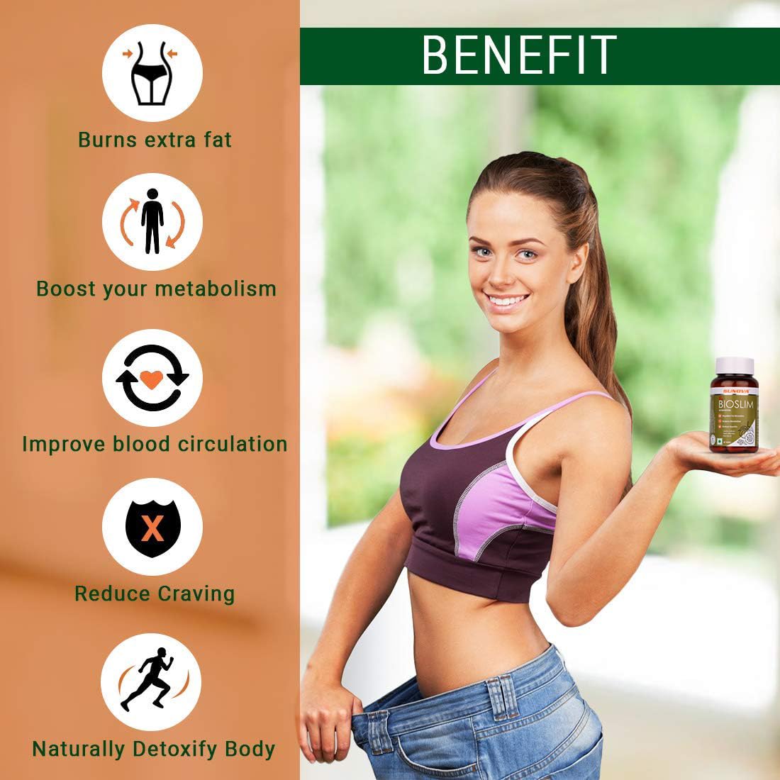 SUNOVA Bioslim Fat Burner Capsules – Organic Weight Management Formula Made of Garcinia Cambogia and Green Coffee Bean Extracts 60 Tablets (Pack of 1)