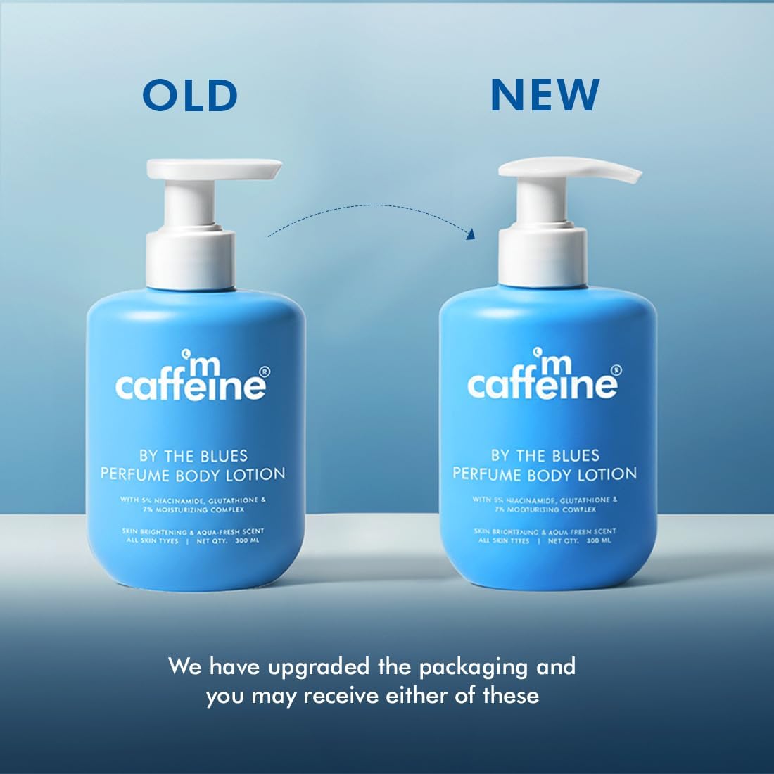 Two bottles of 'm caffeine' perfume body lotion with text indicating an upgrade in packaging.