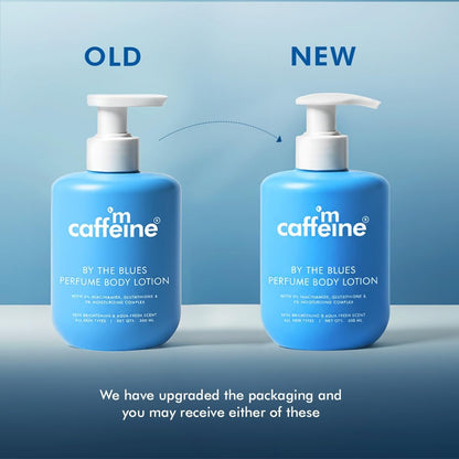 Two bottles of 'm caffeine' perfume body lotion with text indicating an upgrade in packaging.