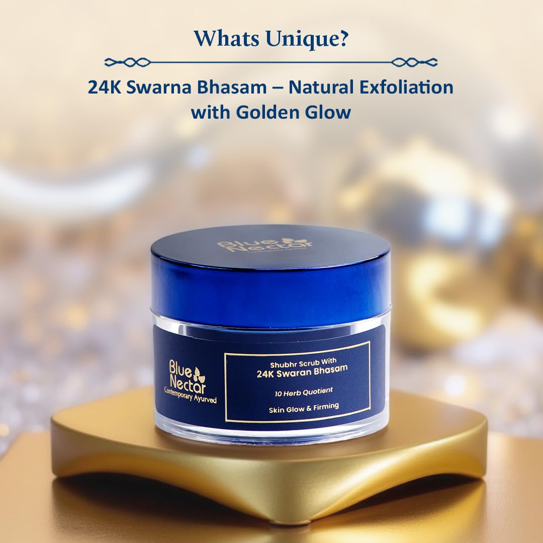Blue Nectar Gold Face Scrub for Glowing Skin | Naturally Exfoliating Scrub for Men & Women with Walnut & Kumkumadi | Ayurvedic Tan Removal (12 Herbs, 50g)