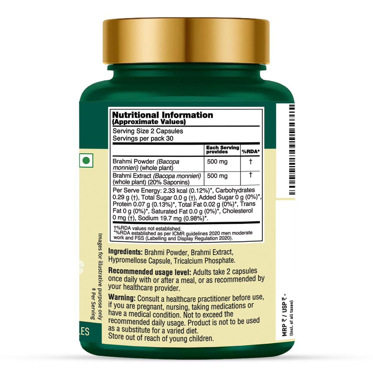 VAHDAM Brahmi Capsules 1000mg | Bacopa Monnieri for Memory, Focus & Cognitive Performance | Dual Extract: Whole Herb + 20% Saponins Standardised Extract | 60 Veg Capsules | Brain Supplement