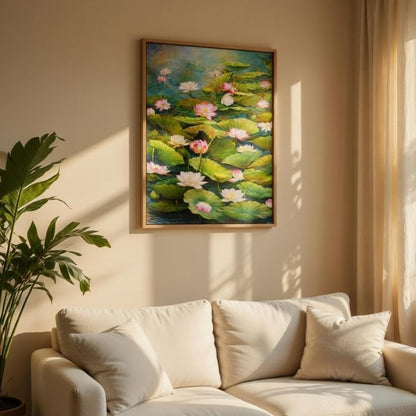 Lotus Pond Wall Painting with Wooden Frame | Elegant Lotus Flower Nature Artwork HD UV Laminated MDF Wall Decor | Floral Water Garden Wall Art for Living Room Bedroom 13.5 Inch x 19.5 Inch