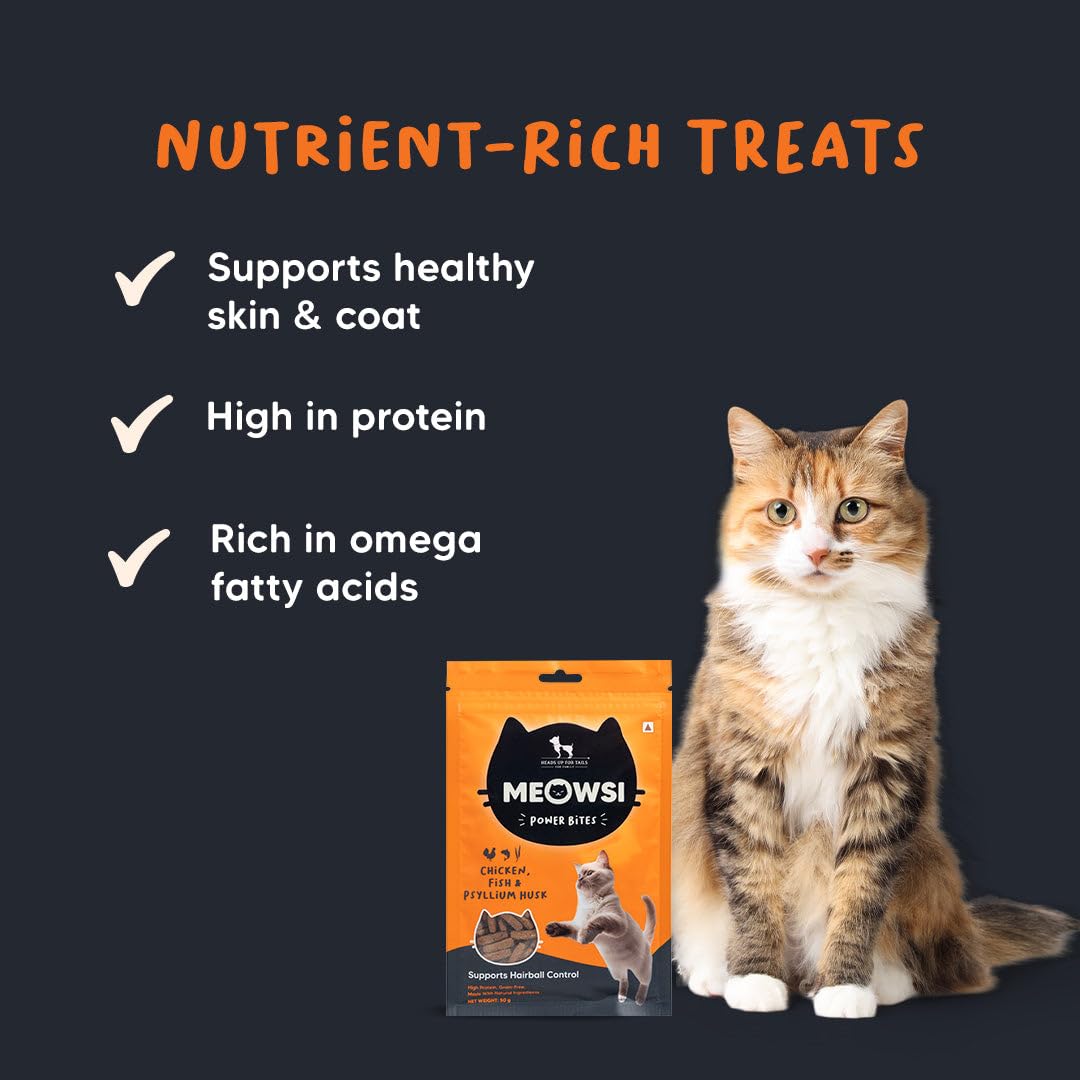 Meowsi by HUFT Power Bites Cat Treats – Chicken, Fish & Psyllium Husk – 50 gm | Healthy Treats for Cats & Kittens | Supports Digestion | for Persian Cats & All Breeds | Crunchy Bites