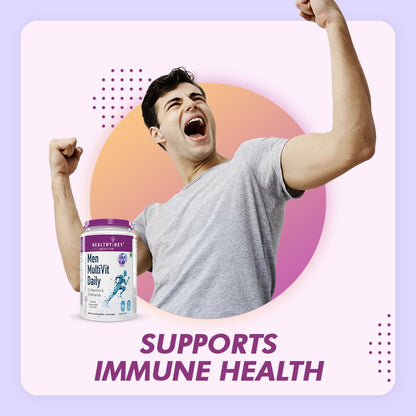 Person with arms raised next to a supplement bottle on a colorful background