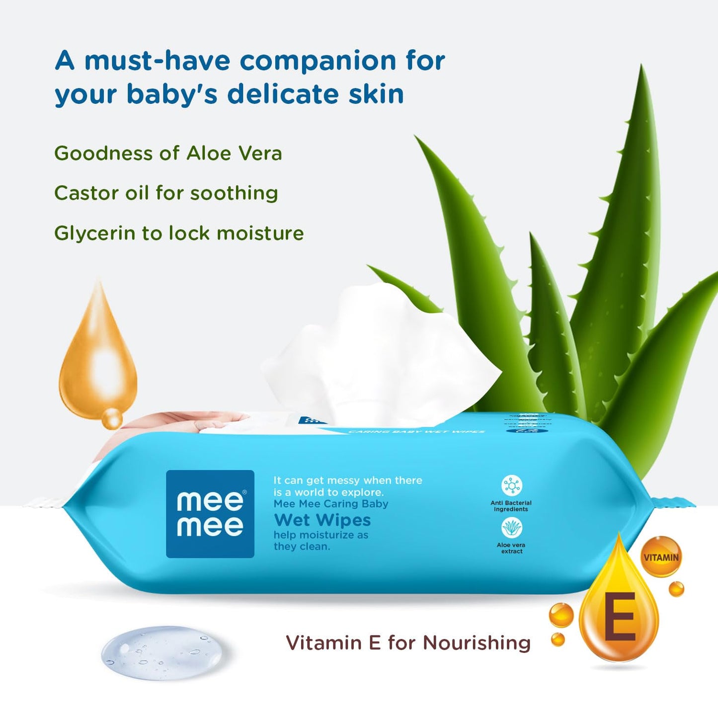 Mee Mee Baby Gentle Wet Wipes with Aloe Vera Extracts, 72 Wipes per Pack, Pack of 3, Soft & Gentle Cleansing for Babies