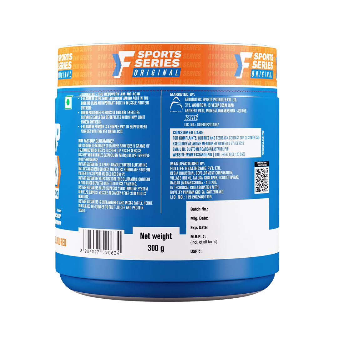 Blue and orange container of Sports Series Original with label details on a white background