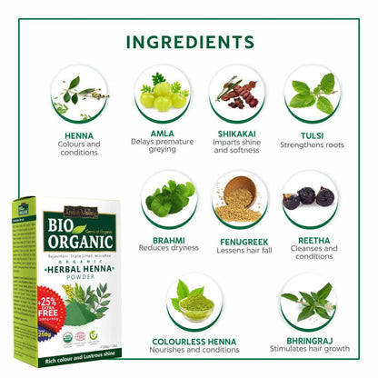 Bio Organic Herbal Henna Powder packaging with ingredient icons and descriptions on a white background