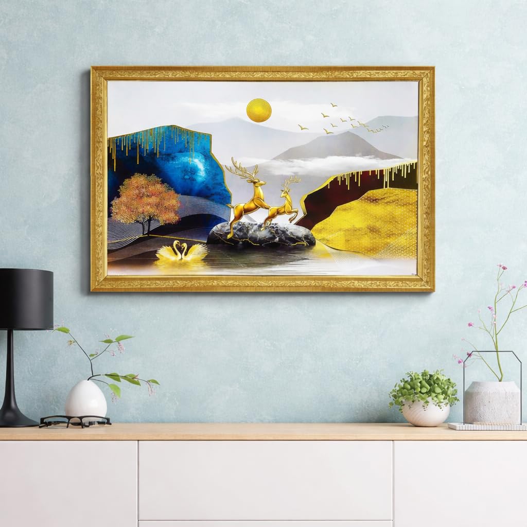 Abstract art Framed Golden Foil 3D Style Landscape Painting | Ready to Hang (14 x 20 inches, Multicolor)