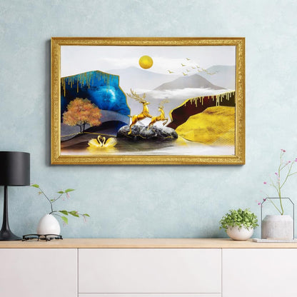Abstract art Framed Golden Foil 3D Style Landscape Painting | Ready to Hang (14 x 20 inches, Multicolor)