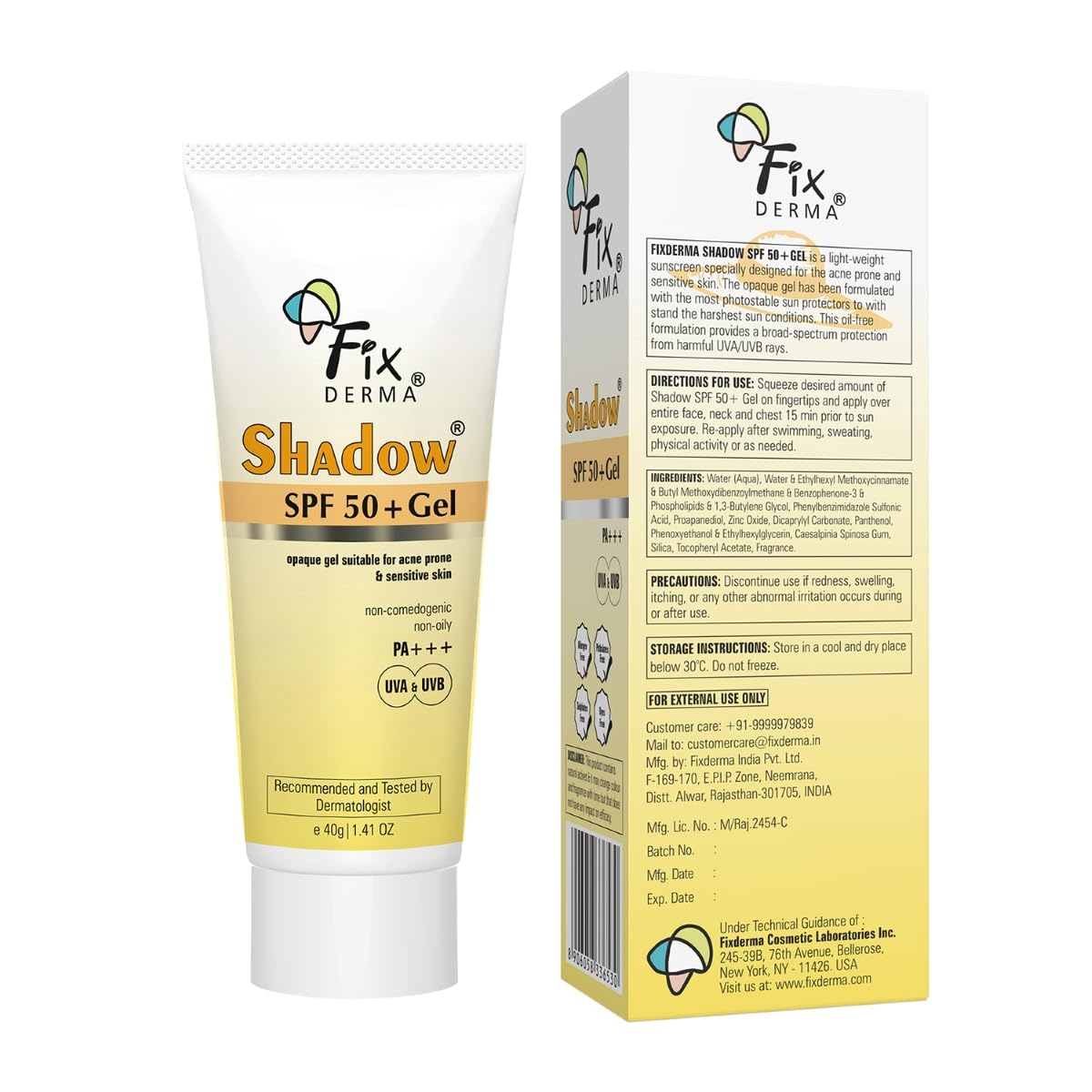 Fixderma Shadow Sunscreen SPF 50+ Gel for Oily Skin | Sunscreen for Body & Face | Broad Spectrum Protection from UVA & UVB | For Women & Men | Non Greasy & Water Resistant - 40gm