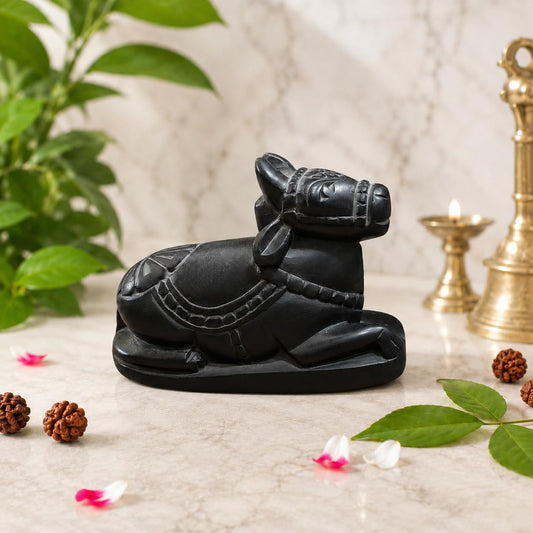 HolyNest Handcrafted Black Stone Nandi Idol for Pooja Room & Home Temple | Sacred Nandi Bull Statue for Shivling Worship | Decorative Religious Gift & Vastu Decor | Sawan Mahashivratri (Length- 3 Inches)